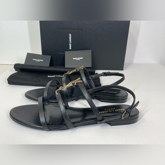 NEW SAINT LAURENT YSL BLACK LEATHER LOGO FLAT CASSANDRA SANDALS BOX 37 - Picture 7 of 11